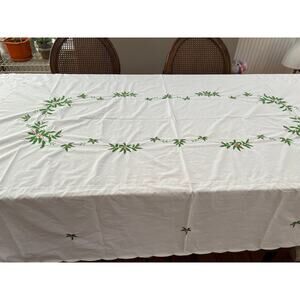 Vintage Embroidered Holiday Tablecloth Large Rectangular White Holly Leaves